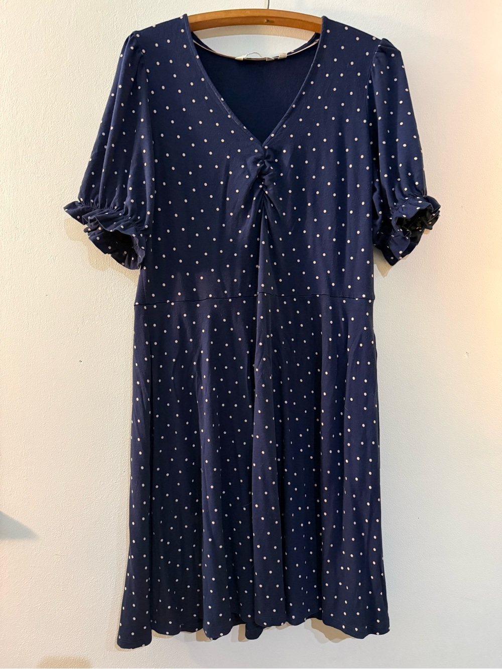 Boden Navy Polka Dot V-Neck Midi Dress with Puff Sleeves